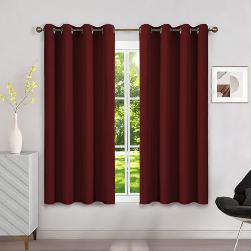 Runyéla Verdunklungsvorhänge mit Ösen Gardinen 2er Set, Thermovorhang Hitzeschutz H 140 x B 120, Vorhänge Blickdicht Kurz Burgunderrot, Ösenvorhang für Schlafzimmer Wohnzimmer Blackout Curtain