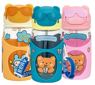 Archival Kids Water Bottle with Straw 520ml (17.6oz) – Blue – DIY Stickers, Bear with Sunglasses Flip Lid Design, BPA-Free, Adjustable Carry Strap – School, Nursery & Travel