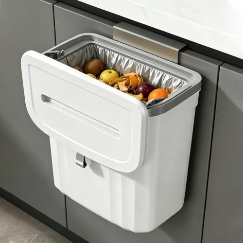 OVAS HOO Küchenmülleimer 9L mit Deckel, Biomülleimer Kompostbehälter - Hängender & Wandmontierter Abfallsammler mit Klebehalter, Weiß mit Klapp- und Schiebedeckel für Küche, Bad, Wohnmobil