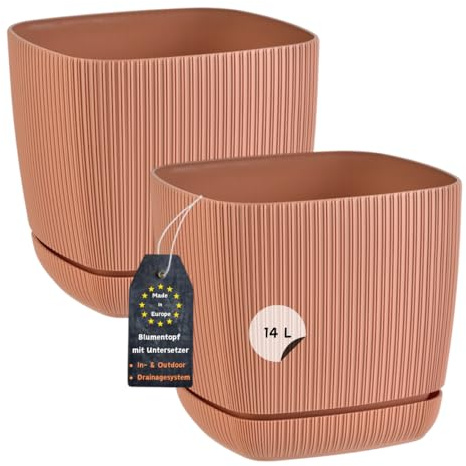 Engelland - 2 x Blumentopf mit Drainagesystem, Untersetzer, Farbe: Terrakotta, Rillenoptik, Pflanz-Topf, Kübel, modern, Kunststoff, quadratisch, 28 x 28 cm, 14 Liter