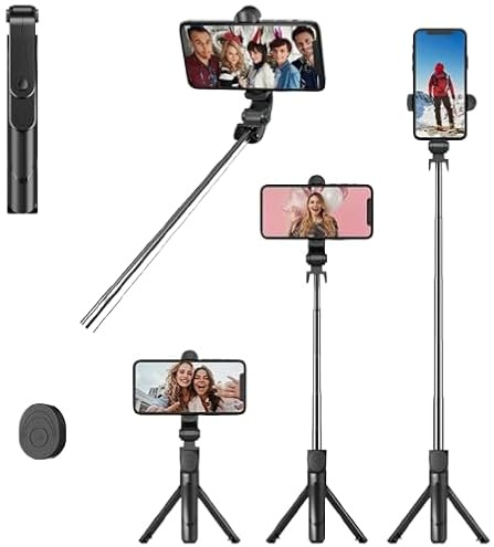 Bluetooth Selfie Stick Tripod with Wireless Remote, Telescopic & Extendable Monopod Phone Holder, Adjustable Angle for iPhone & Android, Lightweight 27.5 Inch for Vlogging & Live Streaming