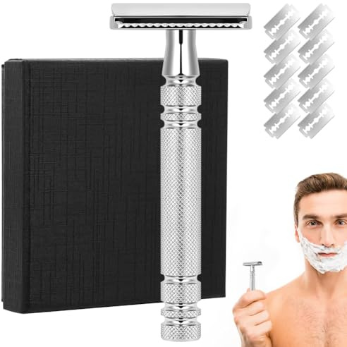 BUTBU Rasoir pour Homme, Rasoir de Femme en Métal avec 10 Lames de Rechange en Acier inoxydable Suédois, pour un Rasage Net et Lisse, Durable et Facile à Utiliser (Argent)
