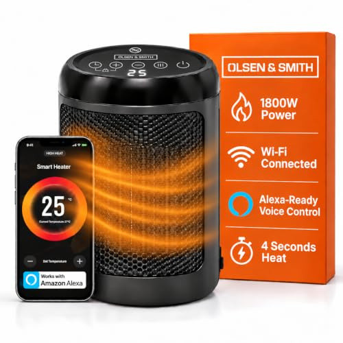 Olsen & Smith 1800W Smart Ceramic Heater, Wi-Fi App & Voice Control | Alexa Voice Control, Thermostat, Fast Heating, Energy Efficient, Compact Tabletop Plug-In Indoor Space Heater, Fast Heat