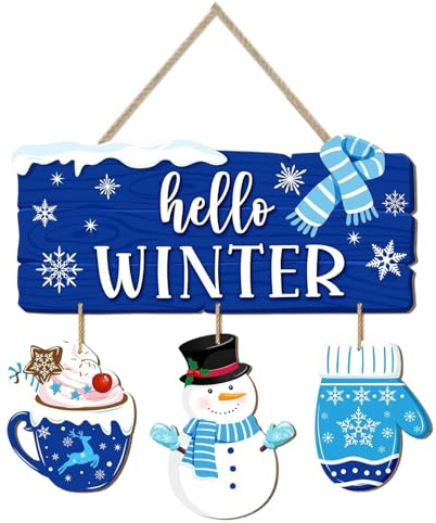 Hallo Winter Türschild, Winter Willkommen Holz Hängeschild, Schneemann Weihnachten Wand blauer Schal Schneeflocken Winterkranz Ornament für die Feiertage drinnen draußen (Blue, 14.5x13.2cm)