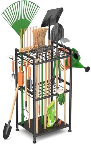 WELDUN Gartenwerkzeug Organizer Garage Standregal, Garden Tool Stand | für 35 langstielige Werkzeuge, Garage Management mit Haken für Schuppen Besen, Mopp, Rechen, Schaufel, Gartenschlauch