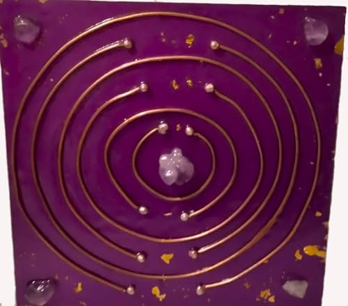 Generisch Handgefertigte Tesla Platte mit Lakhovsky-Antenne – Kupferspirale, Violette Kunstplatte mit Kristallen – Deko-Objekt & Sammlerstück