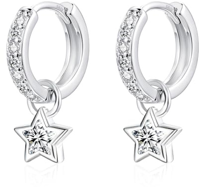 Zecimi Creolen Silber 925, 925 Sterling Silber Stern Hängend Ohrringe Damen | 12mm Stern Ohrhänger mit AAAAA Zirkonia, Klein Hypoallergen Kreolen Hängeohrringe, Mode Kinderohrringe Schmuck für Mädchen