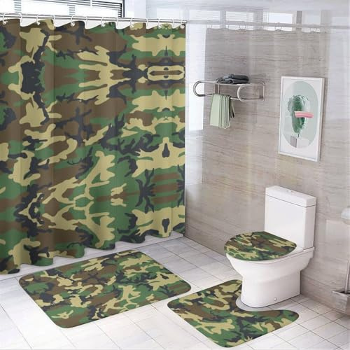 Qjjinxior Badezimmermatten-Set 4-teilig, Camouflage-Muster Duschvorhang mit rutschfesten Badematten für Badezimmer