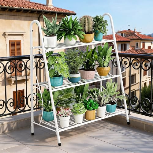 Garvee Portapiante da Interno ed Esterno in Metallo a 3 Ripiani, Supporto per Piante a Scala con Rivestimento Protettivo, Scaffale Portavasi Antiruggine Opaco per Balcone e Soggiorno, Bianco