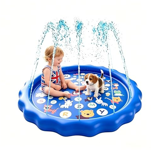 Splash Pad, Kids Sprinkler Mat, 100cm Thick Non-Slip PVC Foldable Water Play Mat, Adjustable Spray Outdoor Water Toy for Toddlers, Garden Patio Beach Summer Fun for Kids & Pets