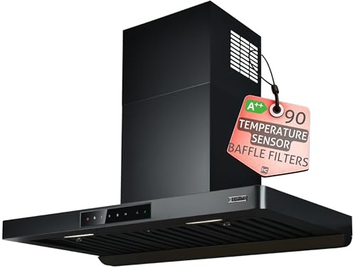 Kompatic KTE90WPB Cappa aspirante a parete, A++, 90 cm, 800 m³/h, Funzionamento automatico, Sensore temperatura, Modalità purificazione aria, 3 velocità, Boost Super Boost, Nero