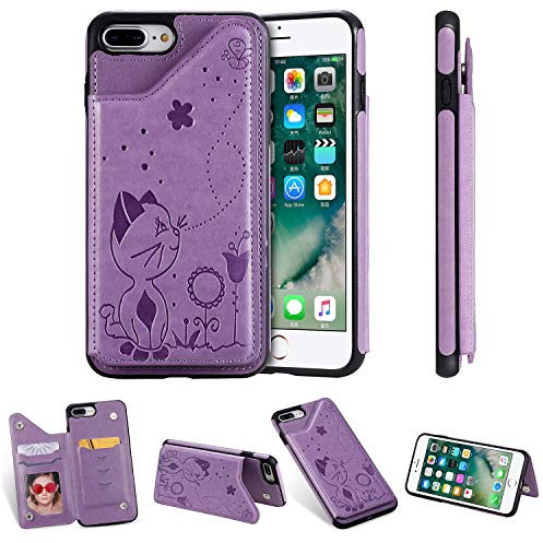 nancencen Kompatibel mit iPhone 7 Plus / 8 Plus Handyhülle, (Karten Slot) Flip Cover TPU Schutzhülle (Anti-Fall) für iPhone 7 Plus / 8 Plus -Katze und Schmetterling -Lila