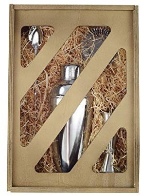 HostelNovo - Cocktail Kit de 4 Piezas de Acero Inoxidable - Coctelera Europea de 750ml - Color INOX - Vienen en una Caja de Madera con Tapa Deslizante