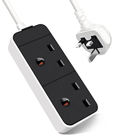 EXTRASTAR 2 Way Extension Lead in Black and White, 5M Extension Cord 13A UK Plug Max 3120W, 2 Socket Power Strip for Home Office School
