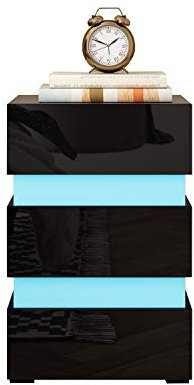 LED Nachtschrank Kommode Nachttisch mit 3 Schubladen Schlafzimmer Holz Hochglanz für Schlafzimmer und Wohnzimmer 45x35x67cm (Schwarz)