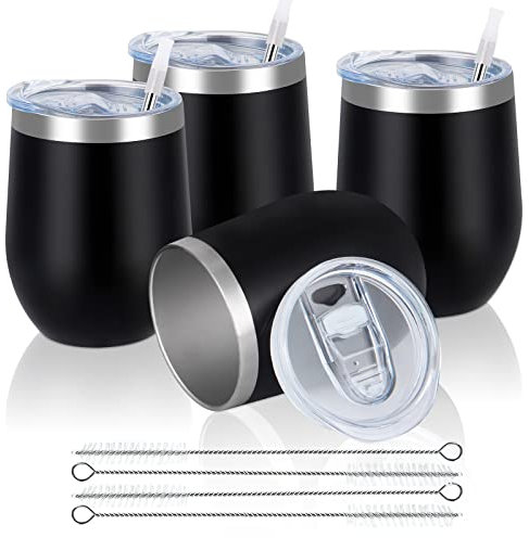 Joymaking 4 Stück Weinbecher Edelstahl, Stemless Weinbecher mit Deckel, Doppelwandige Unbreakable Travel Becher für Milk, Kaffee, Wein, Bier, Champagner, Cocktails, Schwarz