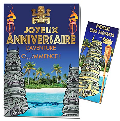 AFIE Carte Joyeux Anniversaire L'Aventure commence avec Marque-page en Or Doré Brillant - Enveloppe Incluse - Emission TV Gagnant Totem Feu Survie Tribus - Fabriquée en France 65-1311