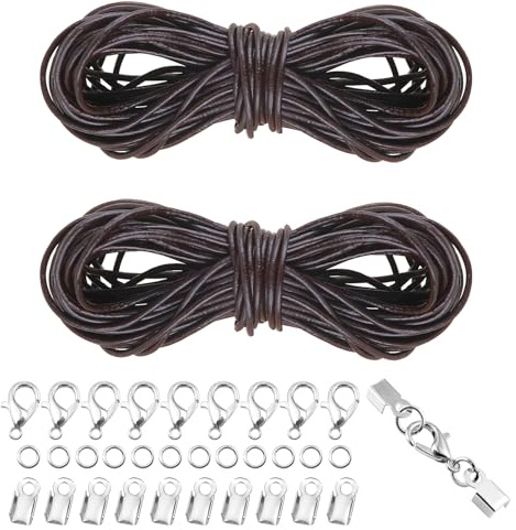 TOAOB Brown Leather Cord 2mm 10m Round Leather String Kits | with Jump Rings Cord Ends Lobster Clasps, Necklace Cord, DIY Bracelet Necklace Craft, Jewellery Making Decoration
