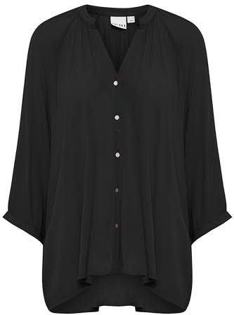 ICHI IHMARRAKECH Damen Bluse Shirt 3/4-Arm V-Auschnitt Knöpfen Regular fit, Größe:S, Farbe:Black (194008)