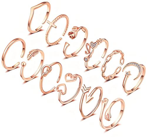 FUNEIA 12 Stücke Verstellbare Ringe Damen 14 Karat Vergoldete Gold Silber Rosegold Ring set Knöchelringe Daumenringe Set Rose Mond Stern Stapelbare Ringe Offene Fingerringe Frauen Mädchen (Roségold)