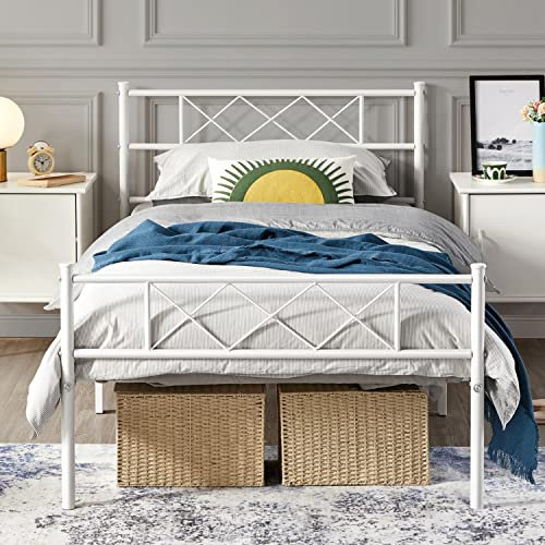 costoffs Single Bed Frame, Slatted Metal Bed Base with Cross-design Headboard & Footboard, Stable Mattress Foundation with Large Storage Space, No Box Spring Needed, White