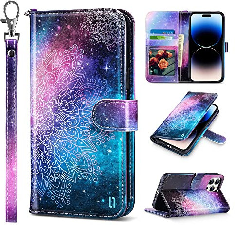 ULAK Cover Compatibile con Apple iPhone 14 Pro Portafoglio, Colorata Pelle Libro Magnetica Cavalletto Custodia iPhone 14 Pro con Porta Carte per Ragazze Donna (Mandala Fiori)