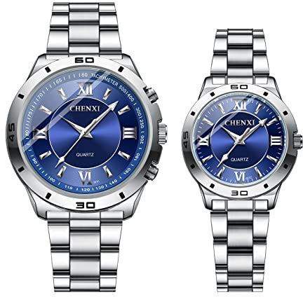 JewelryWe Paar Uhren Analog Quarz 30M Wasserdicht Pärchen Armbanduhr Klassisch Römische Ziffern Edelstahl Armband Partner Freundschaft Uhr mit Leuchtend Zeiger & Uhrenwerkzeug Blau
