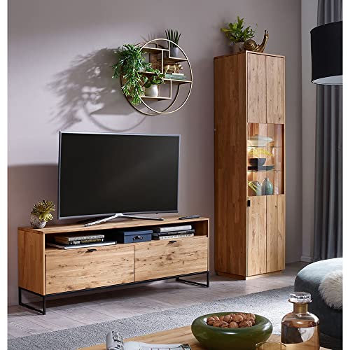 Wohnwand Set, Lowboard mit Vitrine, in Wildeiche massiv geölt mit LED Beleuchtung, B/H/T ca. 230/200/40 cm