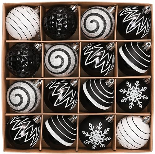 Valery Madelyn Weihnachtsbaumschmuck für Halloween, 16 Karat, schwarz und weiß, bruchsicher, Weihnachtskugeln, Dekoration, 5,9 cm, moderner hängender Baumschmuck, Großpackung für Weihnachten, Urlaub,