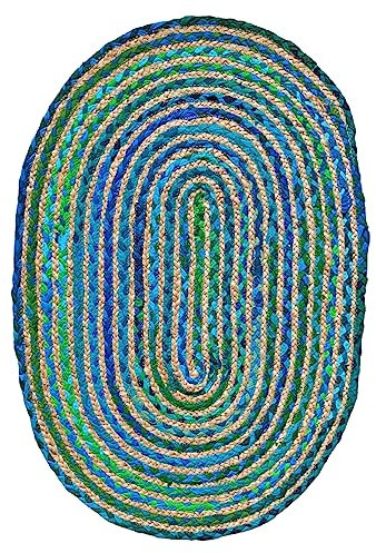 Meubletmoi Teppich, oval, 60 x 90 cm, mit Geflecht aus Jute und Stoff, Blau/Grün – traditioneller indischer Naturstil – Clopin