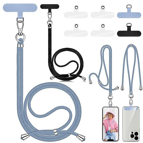 Eurtes 2 Stück Handykette Universal, Einstellbares Handyband zum Umhängen, Handyschnur Schlüsselband mit 6 Patch Geeignet Alle Smartphone, Handyhülle handy umhängeband Lanyard (Schwarz + Graublau)