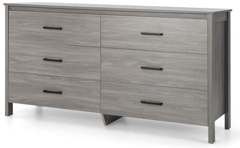 COSTWAY Wooden Chest of Drawers, 6-Drawer Dresser Cabinet with Middle Support Leg and Anti-tipping Kit, Freestanding Storage Cabinet Cupboard Organiser Unit for Bedroom Living Room, 150x48x80cm
