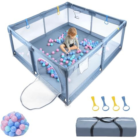 UISEBRT Laufstall Baby Laufgitter 130x130cm Absperrgitter mit Atmungsaktivem Netz, 30 Bällen, Mini-Körbchen, Sicherheitsspielplatz Krabbelgitter für Kinder, Grau