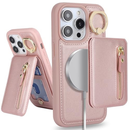 SailorTech Phone Case for iPhone 14 Pro Max Phone Case with Card Holder, Cover for iPhone 14 Pro Max Case Ring Stand with Kickstand Card Slots Wallet Detachable 2-in-1 Zipper Case - Pink
