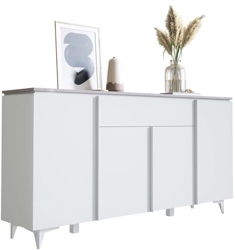 Newroom Sideboard Weiß Sandstein Sideboard Modern Elegant - 177x92x40 cm (BxHxT) - Highboard Anrichte - [Khora.Three] Wohnzimmer Schlafzimmer Flur Esszimmer