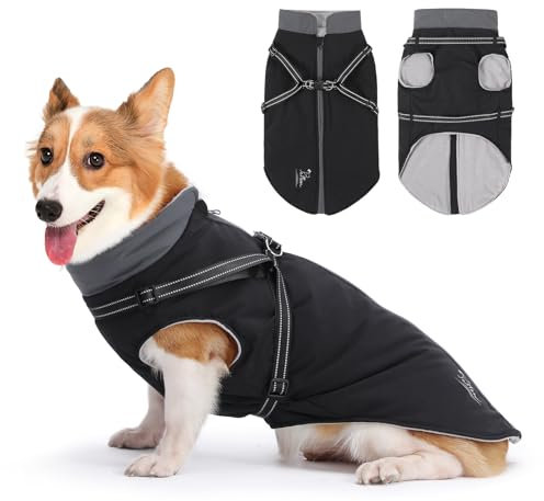 PETTOM Hundemantel Wasserdicht Mit Geschirr, Winter Warm Fleece Winterjacke für Große Mittelgroße Hunde (Schwarz, 2XL)