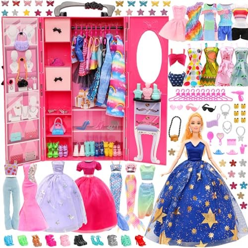 Miunana 85 Pezzi: 11.5 Pollici 30 cm Bambola + Armadio + 12 Abiti Vestiti + 10 PCS Scarpe + 10 Appendini + 51 Accessori Selezionati A Caso (Include Bambola)