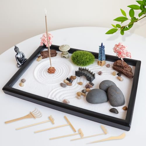 SUMWE Zen Garden for Desk Mini Japanese Desktop Sand Office Miniature Zen Garden Box with Lid Kit 11.8 X 7.9 IN