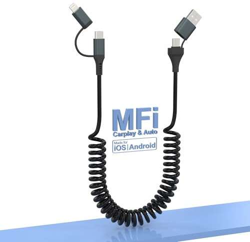 USB C und Lightning Kabel 4 in 1 für Apple Carplay & Android Auto, [MFi-zertifiziert] Lightning-Spiralkabel PD 60 W Schnellladung und Datensynchronisierung Kompatibel mit iPhone 16/15/14/13/12/Galaxy