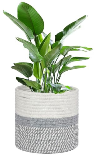 CECOMBINE 20cm Plant Basket, Cotton Indoor Planter Woven Storage Basket, Plant Pot for Indoor Plants Flower Pot and Home Decoration (White and Grey)