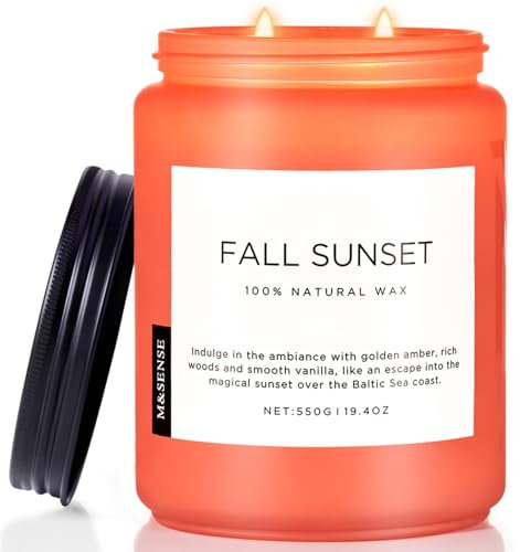 M&SENSE Herbst Duftkerzen im Glas FallSunset Bernstein- und Holzduftkerzen mit 550g 110 Std. lange Brenndauer natürliche Bio-entspannende Aromatherapie-Kerzengeschenke für Frauen und Männer