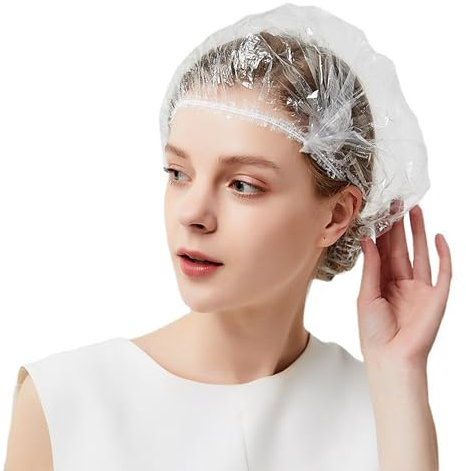 100Pcs Disposable Shower Caps - 17.32 Inches (44cm) Elastic Plastic Bath Caps, Waterproof Hair Covers for Women & Men, Salon Spa Travel Home Hotel Use