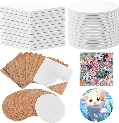 24 Stück Keramikuntersetzer zum Basteln, 10 x 10cm DIY Bemalen Keramik Untersetzer Set, Unglasierte Fliesen Untersetzer Rohlinge Untersetzer Kork, Gläser, Tinten Kunst, Malerei, Acrylguss - Weiße