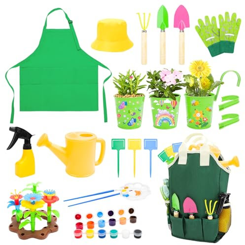 deAO Set di Attrezzi da Giardinaggio per Bambini, Graffiti DIY Kit Giardinaggio Bambini con Pala Sicura, Rastrello,Forcella, Guanti, Grembiule,Set di Attrezzi da Giardinaggio all'aperto 3 Anni+,Verde