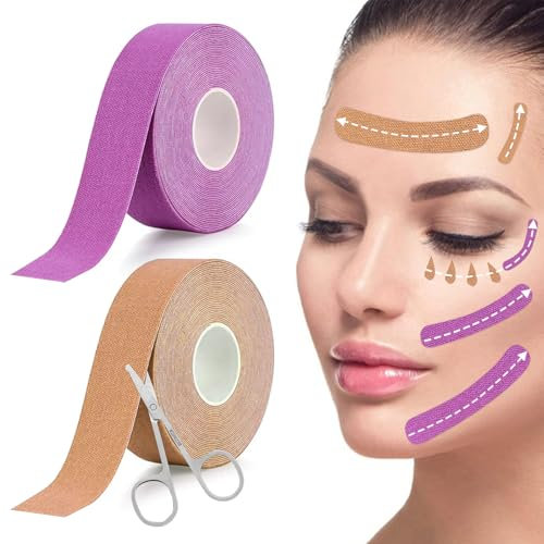 Face Lifting Tape 2 Stück Myofasziales Gesichtstraffungsband Gesichtstape Gegen Falten Patch Rollen Kinesiotapes Mit kleiner Schere für Muskelstraffende Bänder Und Straffung der Gesichtshaut