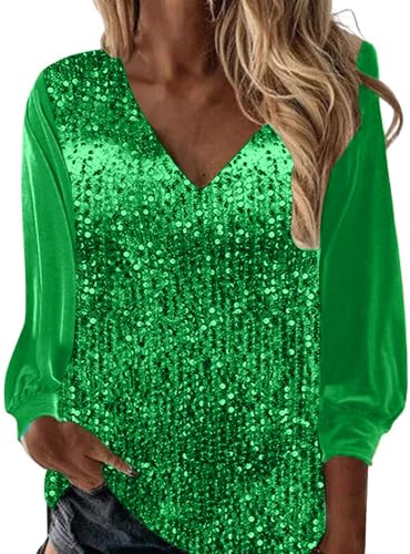 Generisch Pailletten Oberteil Damen, Glitzer Tshirt Damen Sommer Party Oberteil Elegant Aufdruck Fasching Kostüm Karnevalskostüme Glitzeroberteil Meine Bestellungen Anzeigen Fluoreszierendes Grün L