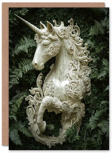 Artery8 Greeting Card Filigree Marble Unicorn Statue Fern Frond Leaves For Her Woman Birthday Card
