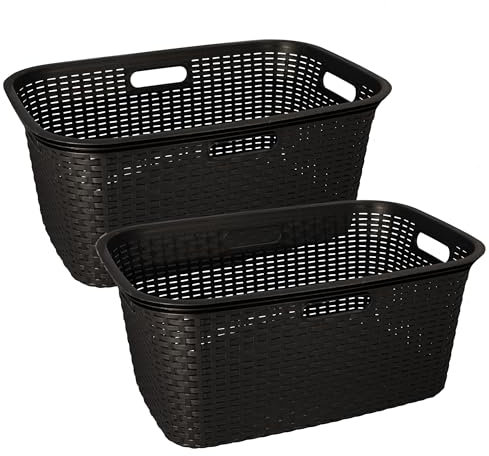 HRB Wäschekorb Plastik Rattan Optik, 40 L Wäsche Box Volumen, Wäschesammler mit 58,5 x 39 x 26 cm Außenmaß, Wäsche Sortierer groß, Aufbewahrungskorb (2, Schwarz)