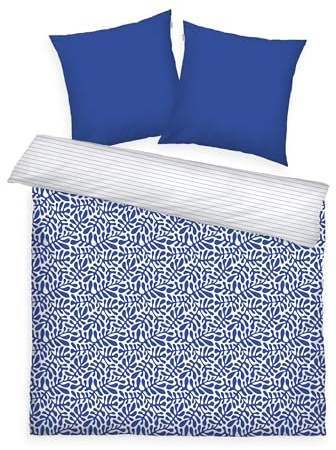 Tom Tailor Renforcé-Bettwäsche, 2 * 80x80 + 200x220 cm, 100% Baumwolle/Renforcé, mit Wendemotiv und farbigem Reißverschluss, Organic Leaves Blau, Weiß (Cobalt)