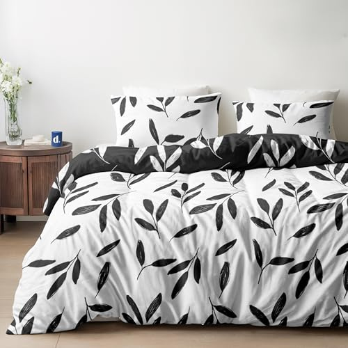 Dreamzie Bettwäsche Set 220x240 cm mit 2 Kissenbezügen 80x80 cm – Blumenmuster Schwarz-Weiß – Bettwäsche für Erwachsene aus 100% Mikrofaser – Oeko-Tex Zertifiziert – Ohne Schadstoffe
